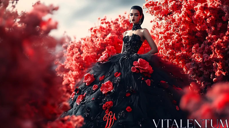 Gothic couture queen amid crimson blossom labyrinth.
