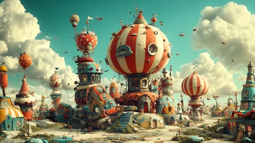 Playful balloon-topped village bustles under bright skies