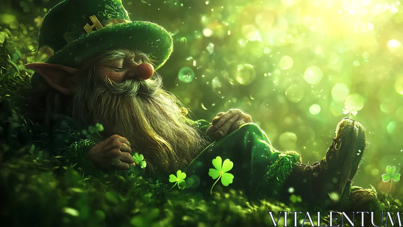 Sleepy leprechaun resting in glowing clover meadow dreamscape.
