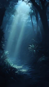 Mystical Forest Canyon with Celestial Light Rays