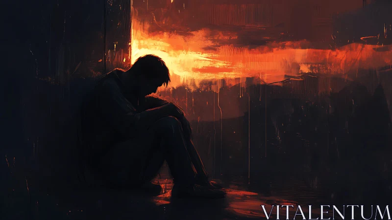 Quiet silhouette resting beneath a storm-bright sunset glow.