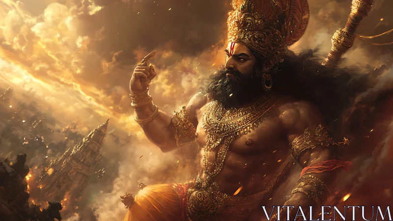 Colossal warrior deity strides through burning temple city