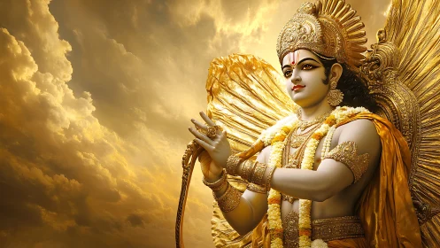 Digital rendering depicts ornate divine figure before clouds