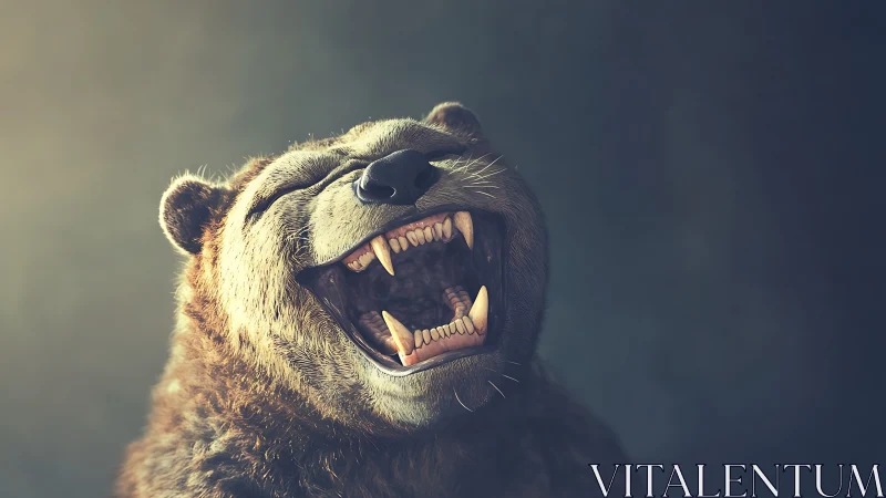 Roaring bear mid-laugh under soft cinematic light.