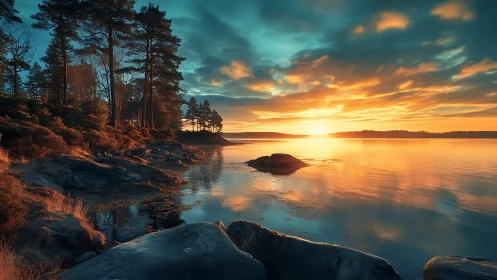 Sunlit pine shoreline reflects across glassy golden lake.