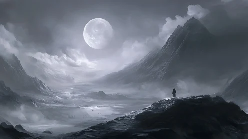 Solitary figure beneath full moon in misted mountain basin.