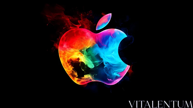 Colorful neon apple shape glows softly against deep black space