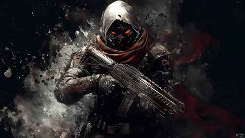 Hooded sci fi guardian with glowing eyes and heavy rifle.