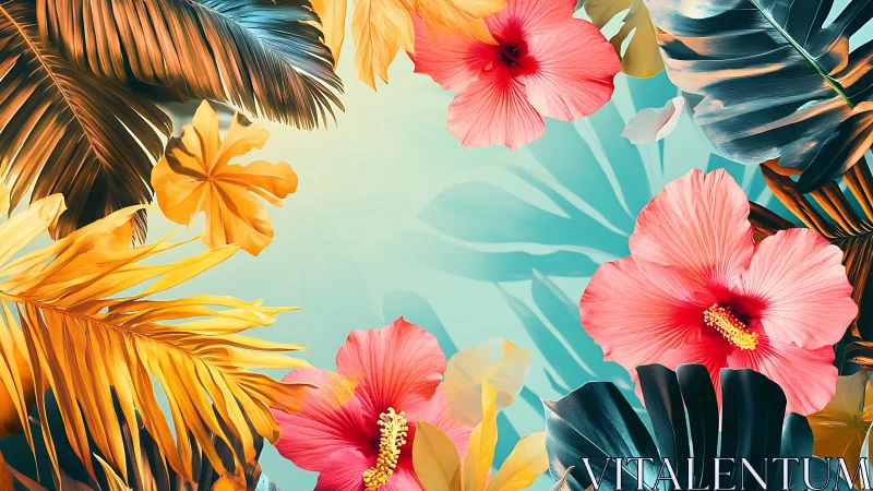 Tropical Flowers and Palm Fronds Against Turquoise Sky.