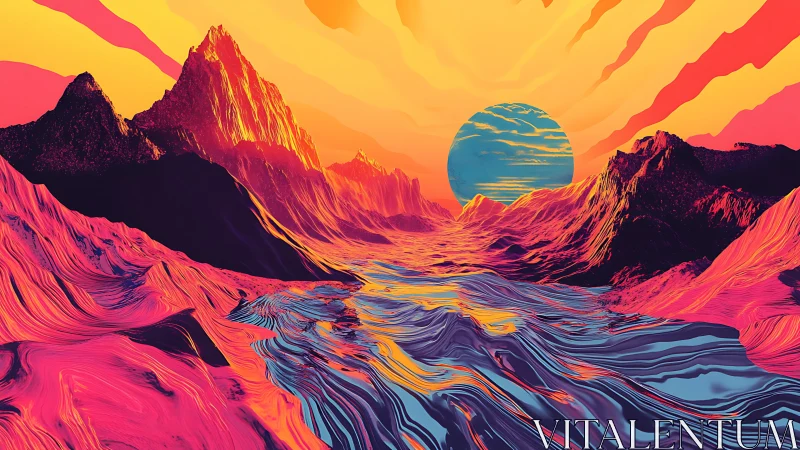 Digital painting of neon mountains and river under synthetic sun.