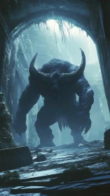 Massive horned beast stalking a ruined underground corridor.