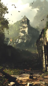 Sunlit ruined bell tower crowns overgrown stone stairway.