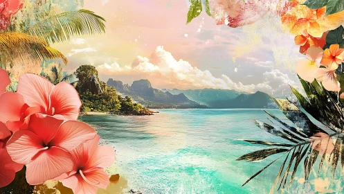 Tropical coastal landscape with layered botanical framing and mountain vista.