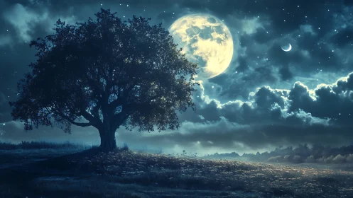 Lone oak silhouette under oversized moonlit nocturnal sky