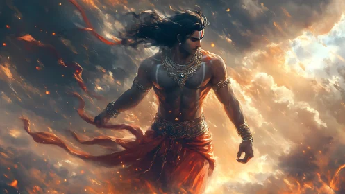 Mythic warrior stands shirtless in fiery storm clouds.