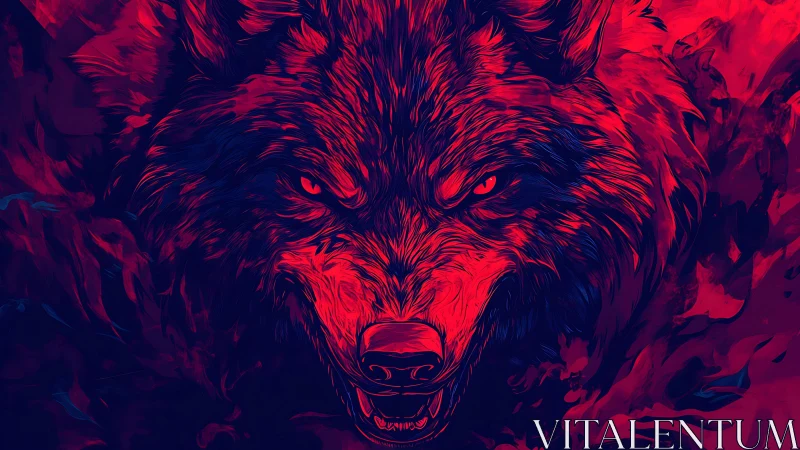 Predatory wolf portrait in crimson and indigo digital flames.