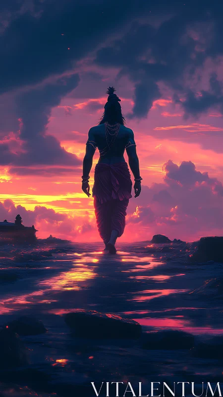 Silhouetted warrior walks toward vivid sunset horizon.