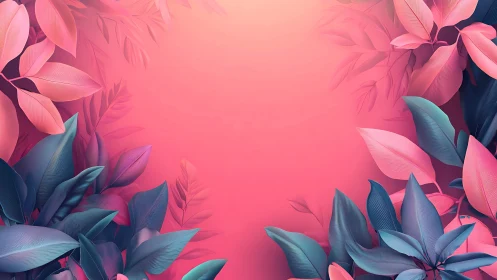 Tropical foliage border in pink teal gradient illumination.