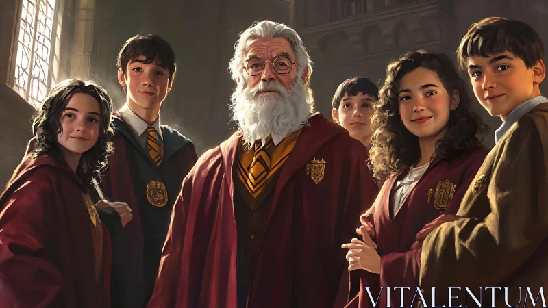 Group of robed students stand with elderly bearded mentor figure