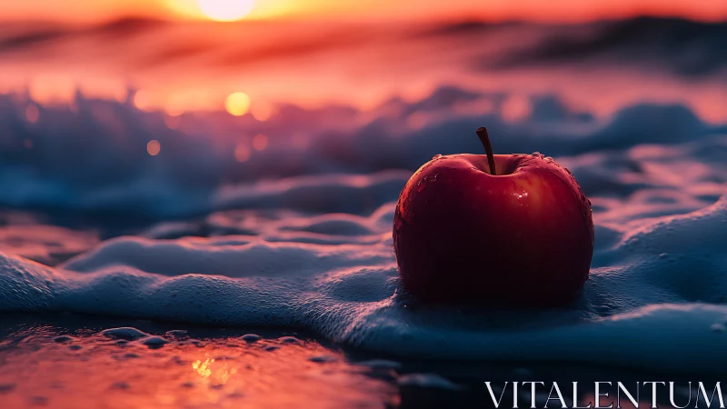 Sunlit red apple in foamy shoreline surf at vivid twilight