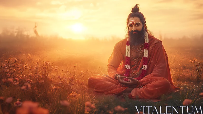 Seated monk meditates in orange robes at warm sunset field