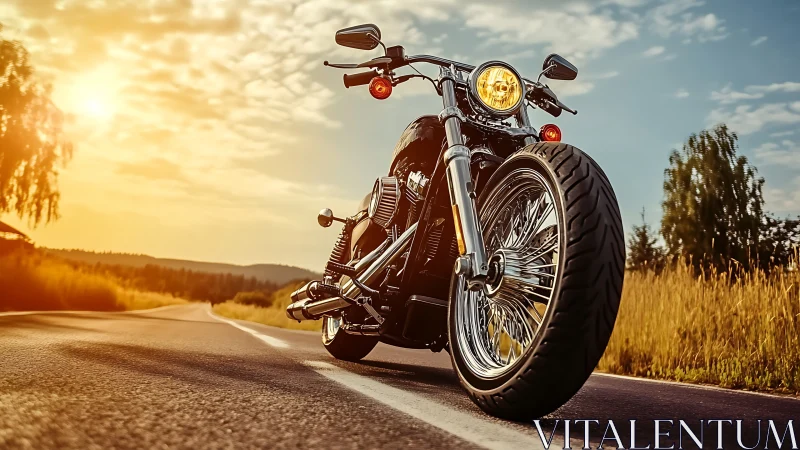 Low angle cruiser motorcycle on open country road at sunset.
