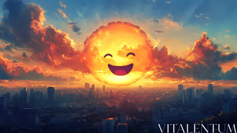 Smiling sun face over dense city skyline at sunset.