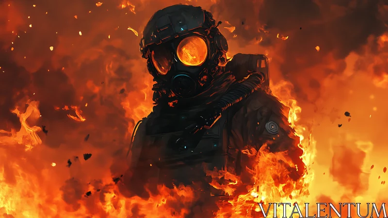 Armored figure engulfed in intense orange flames and fire