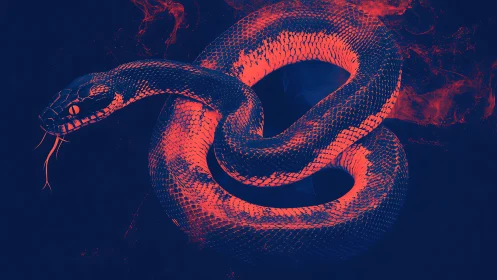 Coiled serpent glows in bold neon red against deep night tones