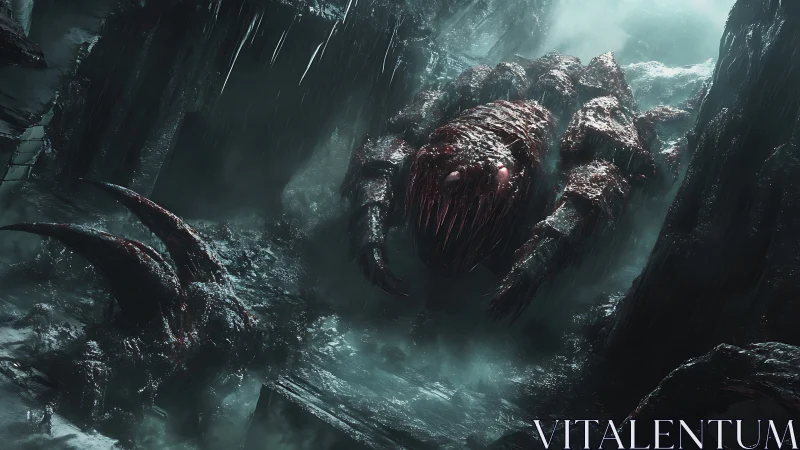 Abyssal crawler rises through icy ruin and storm.