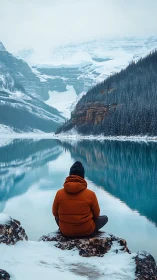Solitary hiker contemplates a still alpine lake in winter calm