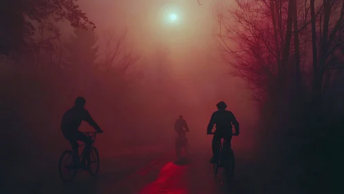 Cyclists ride through dense red fog toward a distant light