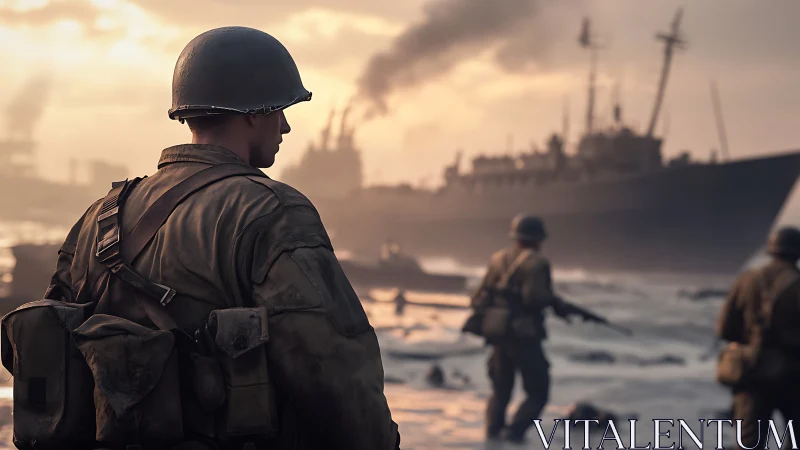 Quiet resolve on a stormy wartime shoreline at dusk.