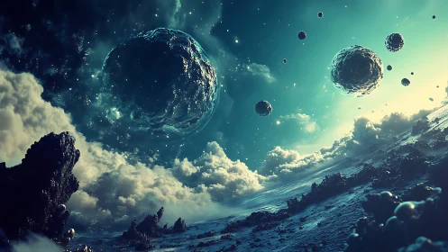 Volumetric-lit alien seascape with clustered floating asteroid spheres