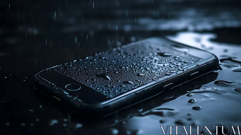 Waterproof smartphone in rain. Water droplets cascade across black device.
