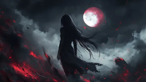 Blood-red moon over lone silhouette in storming nightscape.