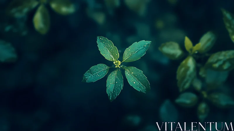 Green leaf cluster with water drops on dark background.