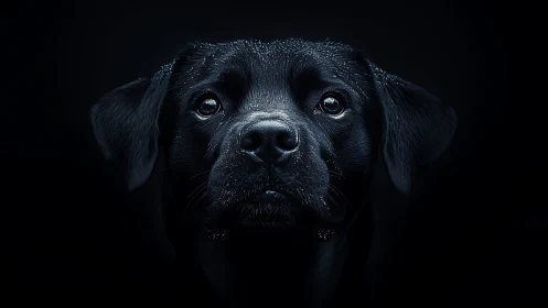 Black labrador portrait glows softly against deep darkness.