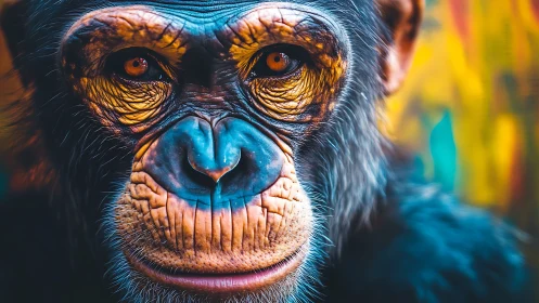 Vivid close-up portrait of chimpanzee with intense gaze.