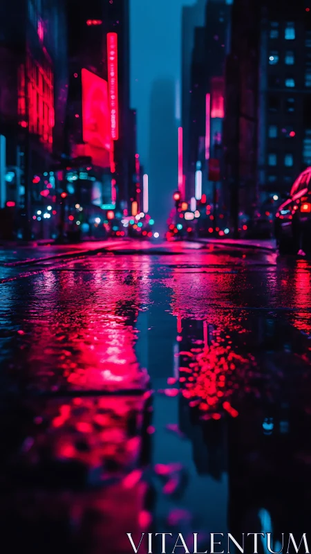 Rain soaked city street with neon pink reflections at night.