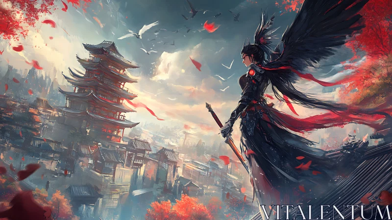 Winged warrior surveys a fiery autumn city from rooftops.