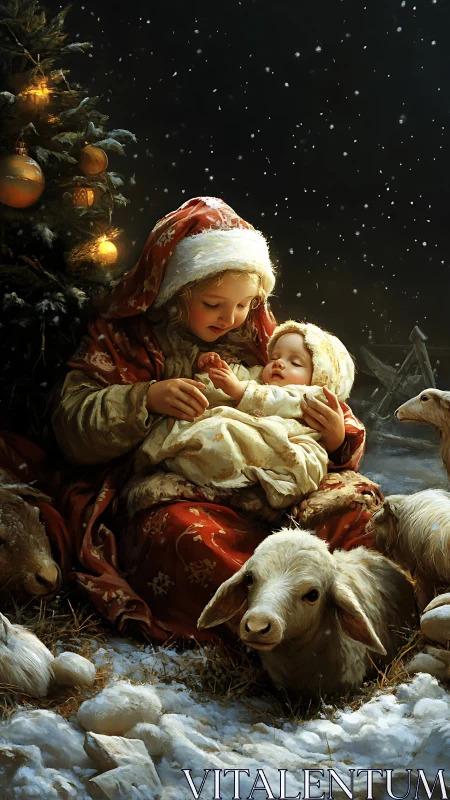 Young girl holding baby in snowy nativity scene at night.