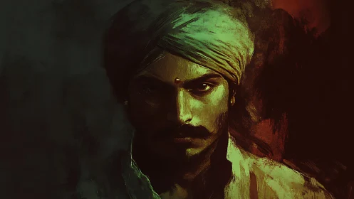Striking turbaned portrait glows from deep shadowed colors