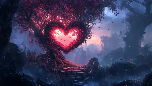 Luminescent Heart Tree: Fantasy Landscape with Glowing Foliage and Mystical Valley.