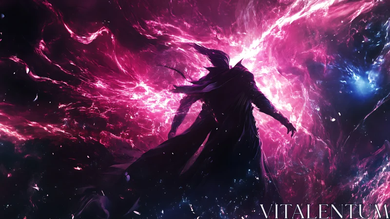 Stargazer wrapped in neon cosmic storms of wonder.