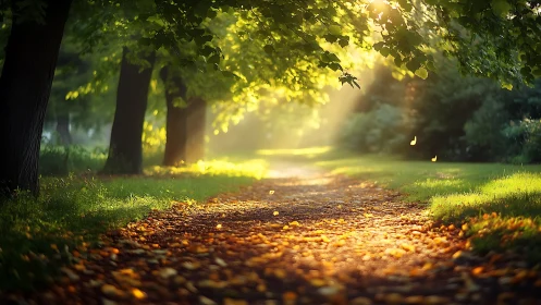 Sunlit tree-lined park path captures low-angle morning light