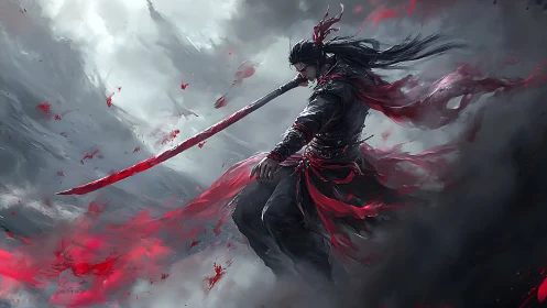 Digital painting of crimson-bladed warrior in storm vortex.