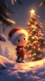 Snowy cartoon child beside glowing Christmas tree at dusk