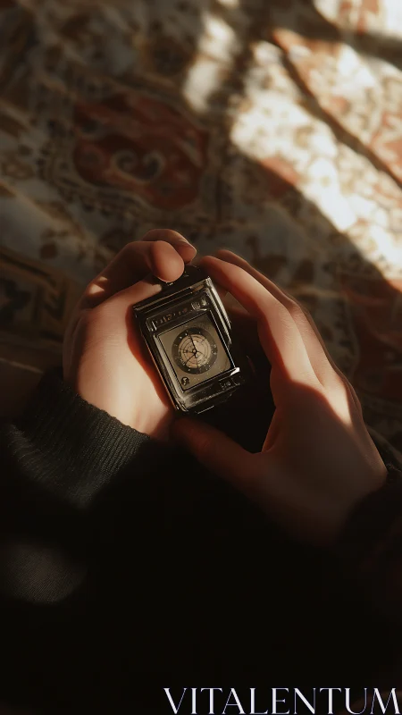 Sunlit hands cradle a vintage compass of quiet wanderlust.