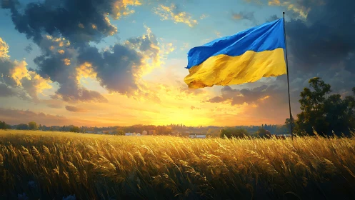 Ukrainian flag over windblown wheat field under high-dynamic sunset